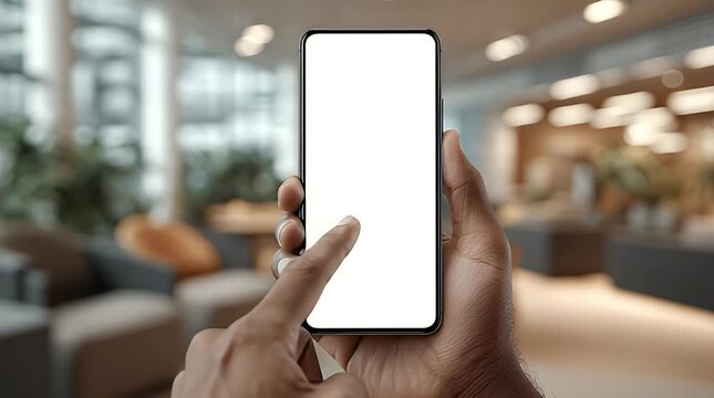 Person Using Smartphone with Blank Screen in Modern Indoor Setting Ideal for Technology and Communication Themes