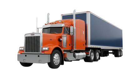 Isolated orange semi truck, heavy transport with a blue trailer, ready for transport work
