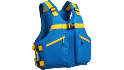Isolated safety vest in blue and yellow for boating and water sports, life preserver