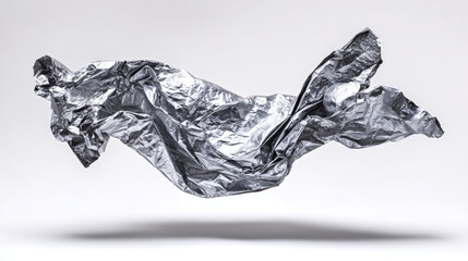 Obraz premium Crumpled piece of aluminum foil floating in mid-air with detailed metallic texture and reflective surface