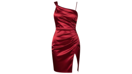 Isolated red one-shoulder dress with a slit, satin garment for women, fashion photoshoot