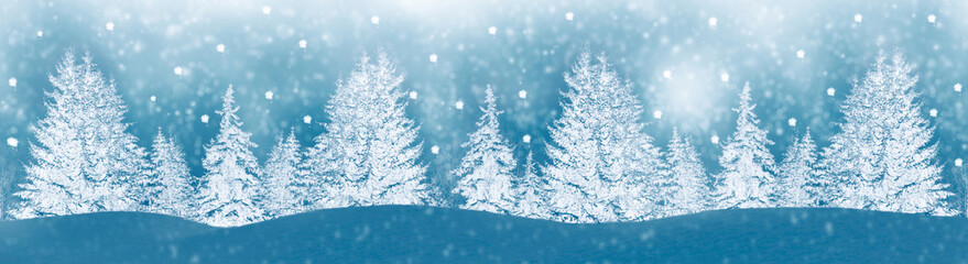 Gradient. Landscape. Frozen winter forest with snow covered trees. Christmas ornament.