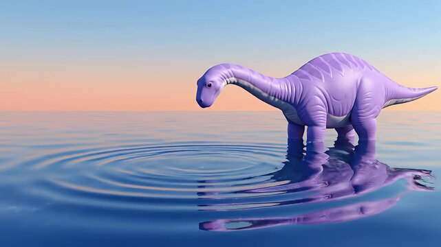 Purple Brontosaurus Dinosaur Toy Standing in Calm Water with Reflection at Sunset.