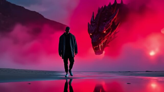 A man walking in front of a red dragon in the sky