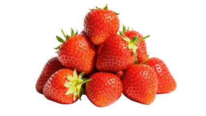 Isolated pile of ripe red strawberries with green stems, close-up studio shot for summer ads