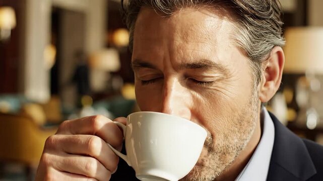 Close-up of a distinguished middle-aged man enjoying a hot beverage, eyes closed in contentment and savoring the aroma