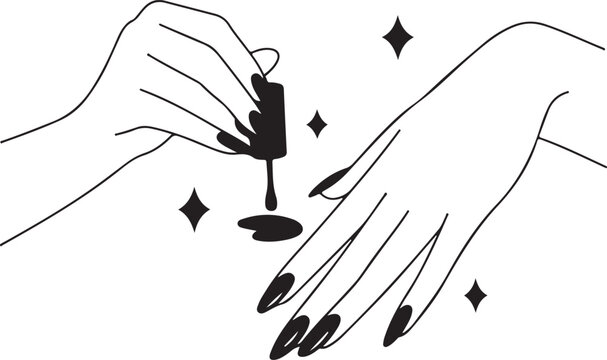 Close-up line art of hands applying nail polish, showcasing beauty routine and self-care with sparkle accents