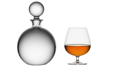 Isolated glass decanter bottle and cognac in a glass on a reflective surface with no background