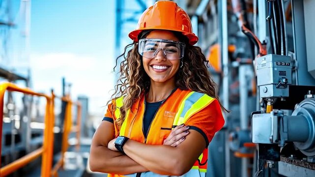 A woman wearing a hard hat and safety glasses standing in front of a power plant
