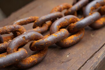 Fototapeta premium Rusty chain on wooden surface close-up
