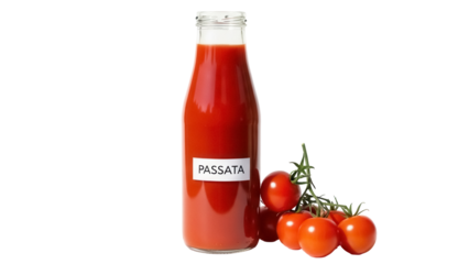 Isolated bottle of passata next to vine tomatoes for an ingredient or cooking theme image