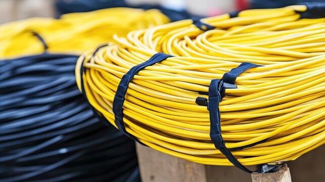 Bundles of bright yellow electrical communication cables tightly wound and secured with dark straps