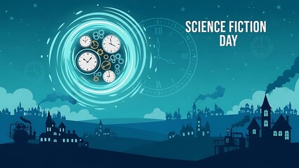 Science fiction cityscape with clock gears and steampunk elements