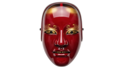 Isolated red Japanese Noh mask, traditional mask with golden painted stylized eyes