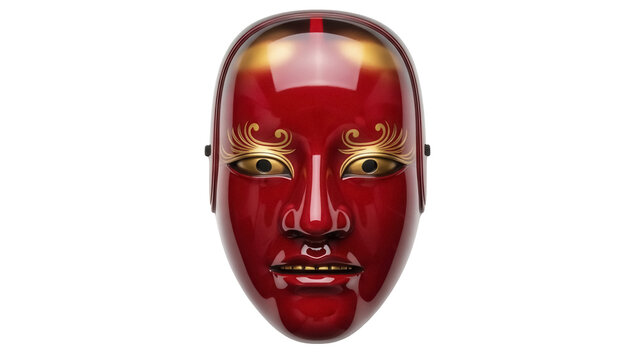 Isolated red Japanese Noh mask, traditional mask with golden painted stylized eyes