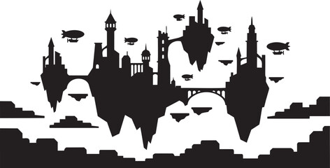 Obraz premium Asymmetrical fantasy floating citadel silhouette with multiple towers airships flying above clouds backdrop