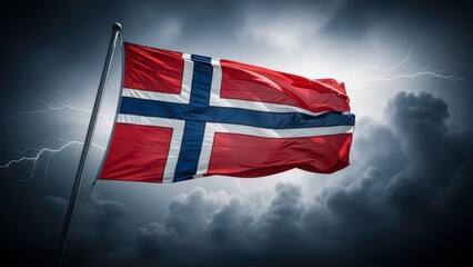 Norway flag waving against dark clouds and flashes of lightning, Norwegian national symbol (नार्वे का झंडा)