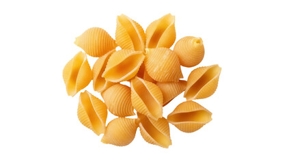 Isolated heap of raw shell pasta, uncooked conchiglie rigate, food ingredient for cooking