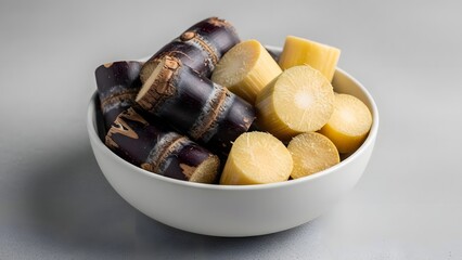 Freshly Cut Sugarcane Stalks in a Bowl