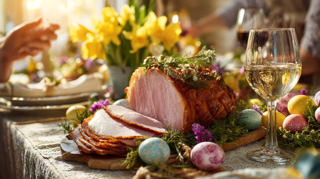 Elegant easter table setting featuring sliced glazed ham garnished with herbs, surrounded by colorful decorated eggs, fresh flowers, and a glass of white wine