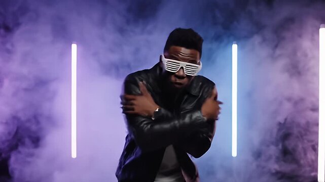 Stylish Rapper in Shutter Shades Performing with Colorful Neon Lights and Smoke
