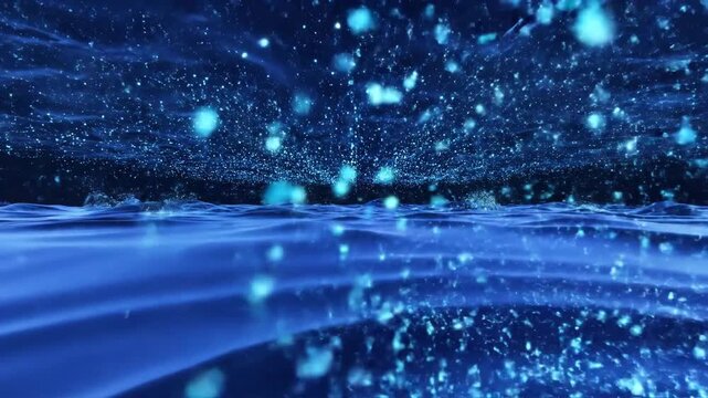 Blue Neon Waves with Sparkling Particles Over a Digital Water Scene.
