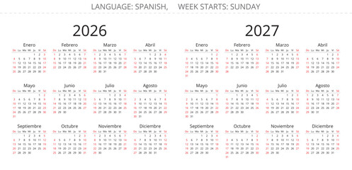 2026 and 2027 spanish year calendar. Week starts Sunday. Vector illustration. Spain