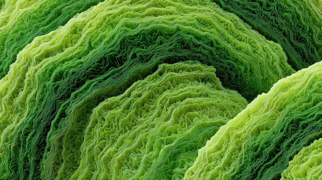 Abstract textured layers of green cabbage leaf creating a vibrant background.