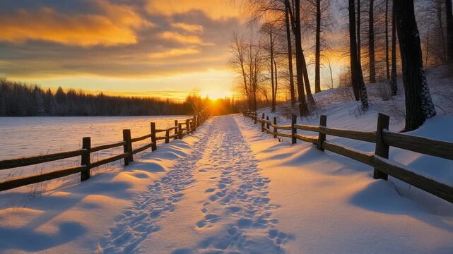 Snowy path with footprints leading towards a vibrant sunset over a frozen landscape and bare trees winter