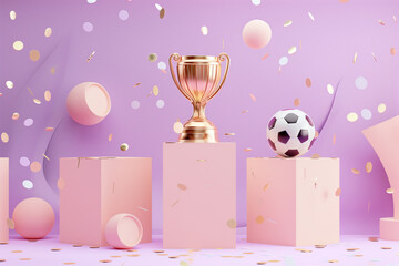 Gold winner trophies and soccer ball on podium with falling confetti on purple background