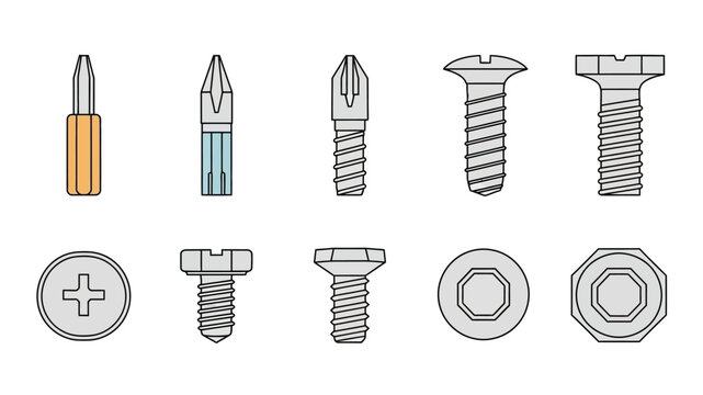 A collection of different screw heads and driver bits in a technical illustration