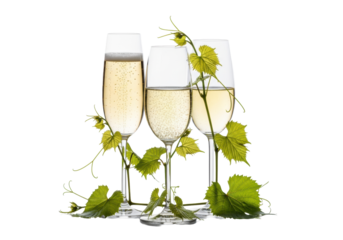 Three premium crystal flutes of sparkling wine and cava, entwined with emerald grape vines, reflecting on a polished white surface in a high-key studio. Concept for luxury beverage advertising