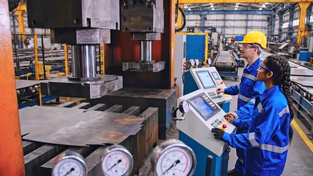 Industrial staff observe gauges and calibration processes, Workers in factory uniforms meticulously oversee pressure measurements and control system calibrations with precision and attention