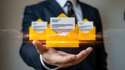 Hand holding bright yellow digital envelopes for email communication and marketing notification concept