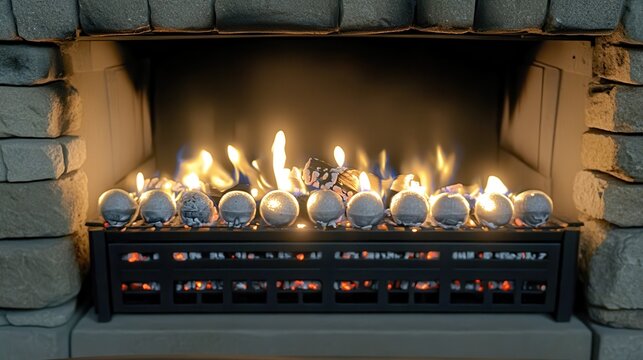 Close up of a modern gas fireplace with glowing embers and flickering flames illuminating the dark hearth