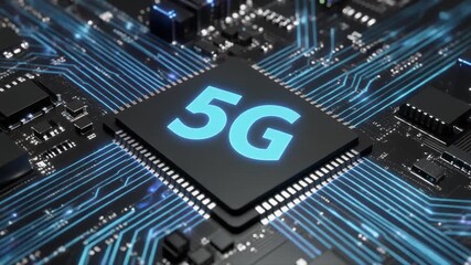 “Close-up of 5G microchip mounted on circuit board with blue data pathways and electronic components futuristic tech” - Powered by Adobe