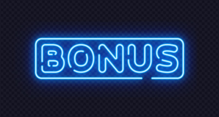 Blue neon bonus sign in minimalist vector style, ideal for promotions, rewards, and special offers. Cool glow adds modern accent. © Ivan