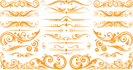 Vector set of fire flames and vintage design elements featuring floral ornaments and calligraphic swirls in a seamless retro style for decorative borders
