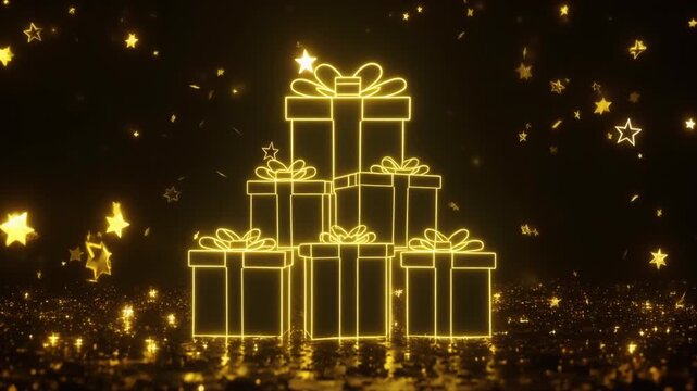 &ldquo;Golden glowing gift boxes stacked in pyramid formation with bows and sparkling stars festive magical atmosphere&rdquo;