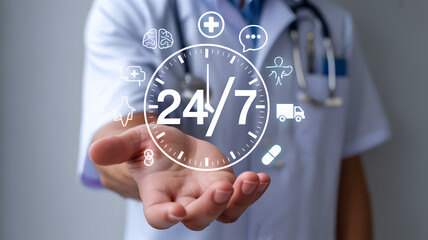 Medical Professional Holding 24/7 Service Icon Representing Round-the-Clock Patient Support and Care