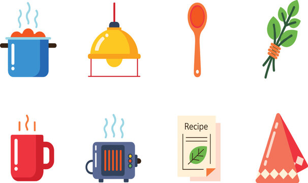 Colorful kitchen set of cooking icons including boiling pot lamp spoon herbs red mug toaster recipe and napkin for home culinary food and restaurant design projects