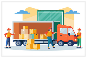 Fototapeta premium Delivery Logistics Vector Illustration Set Shipping, Courier, Warehouse, Transportation Concept