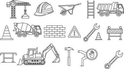 Construction Site Icons Set with Crane Excavator Truck Tools Hard Hat Safety Signs Brick Wall and Equipment for Building Industry © MD Anas