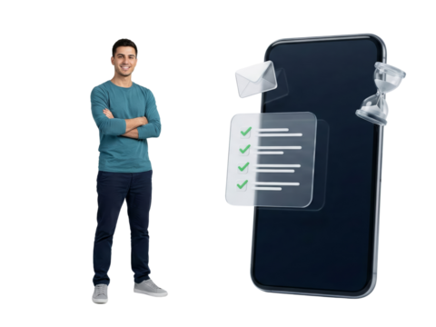 young man standing beside a large smartphone with floating message icons and checklists isolated - Powered by Adobe