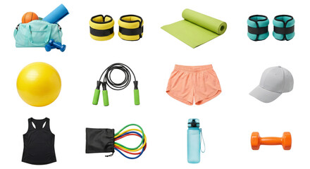 Selection of essential fitness and workout equipment items isolated on transparent background