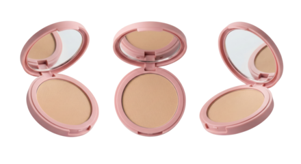set of three round compact powders with open mirrors on glossy pink cases isolated on transparent
