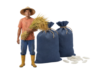 young farmer holding wheat stalks beside large blue grain sacks isolated transparent background