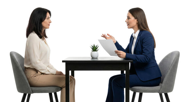 Professional interview scenario with two women engaged in a formal discussion isolated on