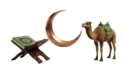 Fototapeta premium symbolic collection featuring crescent moon camel and Quran arranged on wooden stand isolated