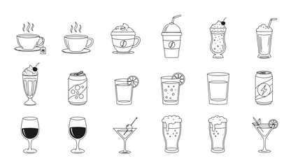 Collection of various beverage icons including coffee tea soda cocktails and alcoholic drinks